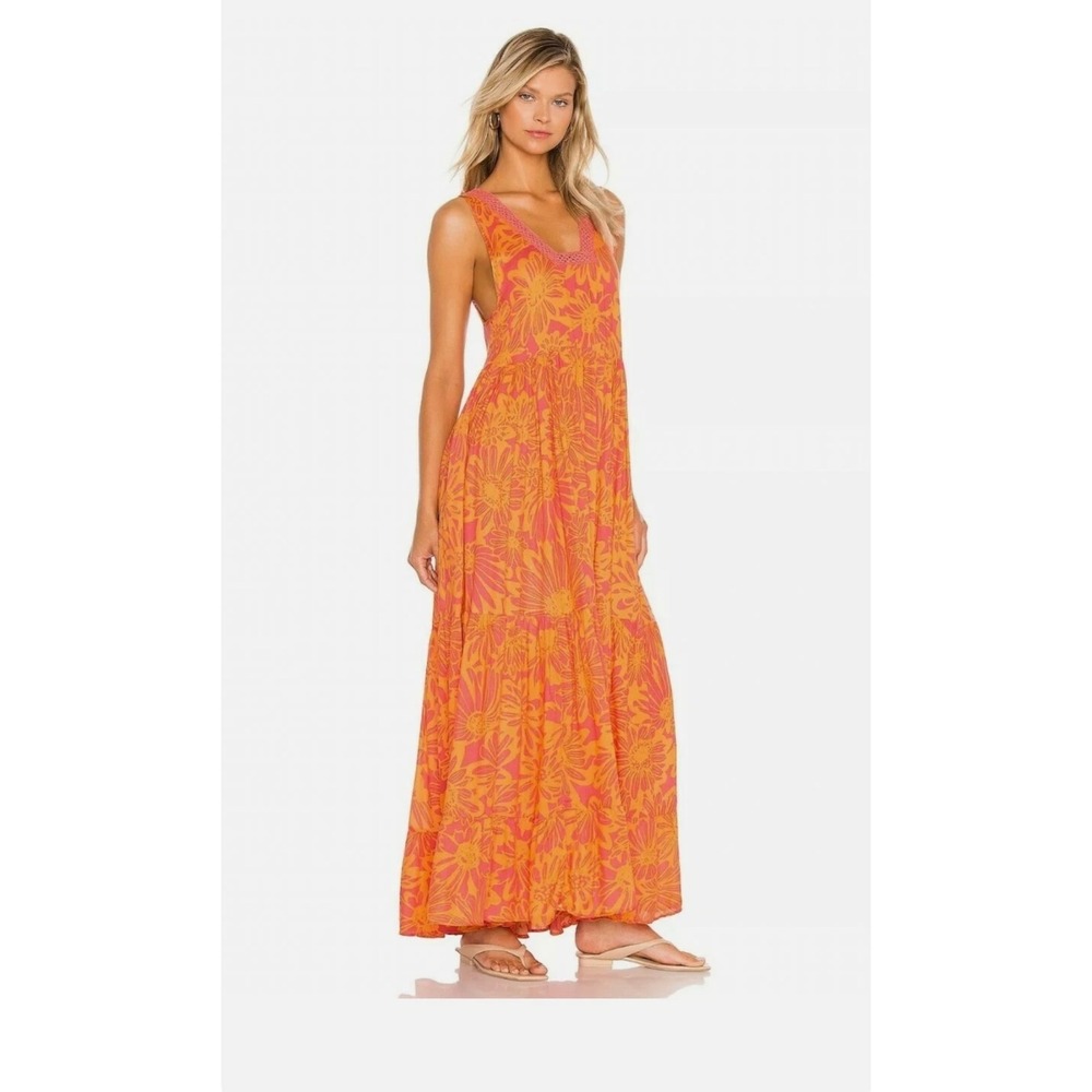 Free People‎ Tiers For You Printed Orange Maxi Dress Women's Size S